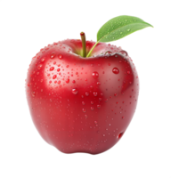 A fresh red apple with a green leaf covered in water droplets in a close up photo showing juicy texture and vibrant color in stunning high resolution png