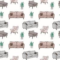 Seamless pattern with sofas, armchairs, and potted plants on a white background vector