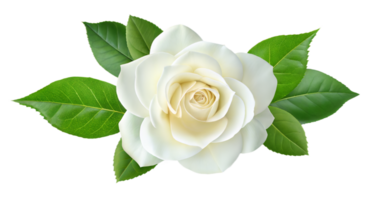 A pristine white rose in full bloom with lush green leaves and a clean high resolution digital look png