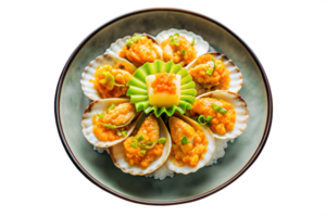 Shellfish Dish with Garnish and Rice on Ceramic Plate Styled for Restaurant Menus and Brands png
