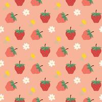 a strawberry and daisy pattern on a peach background vector