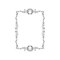 A border featuring shells at the top and bottom and waves breaking and sea around the edge. Black and white illustration in doodle style. vector
