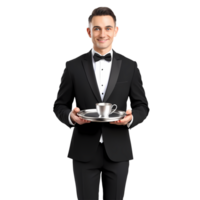 Professional waiter serving beverage on tray in formal suit stock visual content for business use on transparent background png