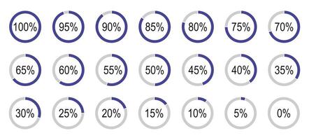 Percentage infographics elements. Round diagrams icons pattern for infographics from 0 to 100 percent. Lilac, grey color fill divided pie charts indicator layout. Circle graph loading progress mockup. vector