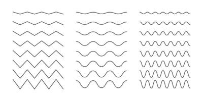 Wavy, curvy lines pattern. Minimal black undulate borders, transverse horizontal lines. Sine, fluid, air, wind flat signs. Water, river, lake, sea, ocean doodle symbol. Outline graphic illustration. vector