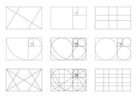 Golden section template. Golden section method of frames. Fibonacci array, number shapes. Harmony of rectangle proportions. vector