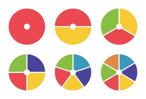Donut chart segmented on equal parts. Wheels divided in from 1 to 6 sections. Set of diagrams infographic multicoloured. Circle minimal section graph. Pie, pizza chart round icon. Loading bar template vector
