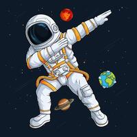 Hand drawn astronaut dabbing in outer space, equipped spaceman doing dab gesture in the middle of planets vector