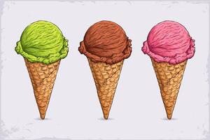 Hand drawn set of tasty fresh different flavored ice cream cones. appetizing ice cream pokes with strawberry, chocolate and pistachio savors vector