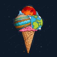 Hand drawn delicious ice cream cone with solar system planets as flavors, earth, Jupiter and Mars planets on top of ice cream cone vector