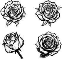 Four roses in different styles, black and white vector