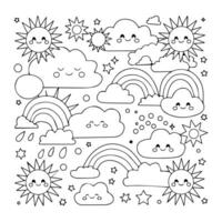 A coloring page with sun, clouds, and rainbows vector