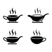 Four black and white icons of a bowl of soup, a bowl of soup, a bowl of vector