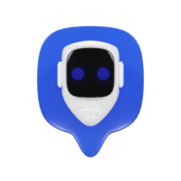 Front view of a 3d render of a blue bubble chat icon with a bot. Chatbot illustration png
