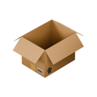 Isometric 3d rendering of an open cardboard box illustration. png