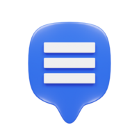 Front view of a 3d render of a blue bubble chat icon with three white stripes. png