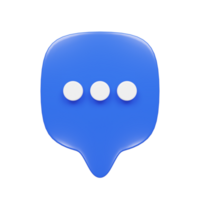 Front view of a 3d render of a blue bubble chat icon with three white dots. png
