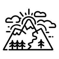 Mountain line icon with trees and sun vector