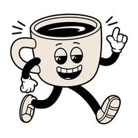 Retro cartoon character of happy coffee cup jogging energetically with playful smile and raised finger vector