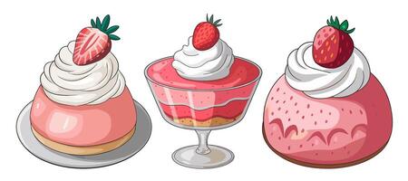 Three delightful strawberry desserts are displayed, featuring different forms like mousse, parfait, and cake vector