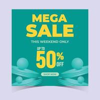 Vibrant square green mega sale banner with floating abstract shapes and bold typography. Ideal for seasonal sales, ecommerce promos, and ad campaigns vector