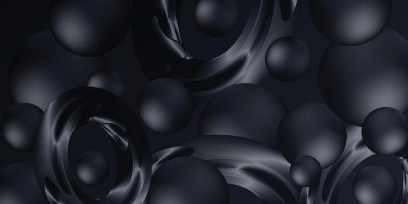 black abstract glossy spheres in a 3d composition with deep shadows and subtle highlights, perfect for luxury tech themes