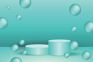 Mint Green Background with Bubbles and Dual Podiums. translucent floating bubbles, and dual 3d podium stands. ideal for clean ecommerce ads and sleek product promotion designs vector