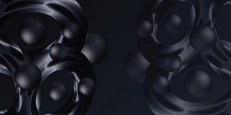 black abstract glossy spheres in a 3d composition with deep shadows and subtle highlights, perfect for luxury tech themes, elegant visual effects, or dark design styles
