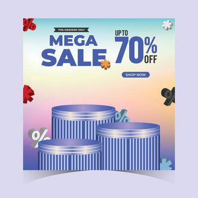 Mega Sale Web Promotions Banner Template 3D Podium and Gradient Background for Flash Sales, Retail Ads, Ecommerce Promo. Super Weekend Discount Modern Banners Design