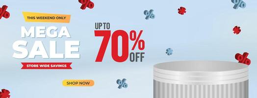 Clean and minimalist mega sale banner with floating percentage icons and podium display. Ideal for product launches, discount events, and ecommerce visuals vector