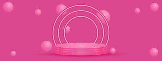 Pink Background with Neon Ring Podium. glowing circular podium rings and floating orbs. ideal for trendy ecommerce promotions and eye catching digital ads vector