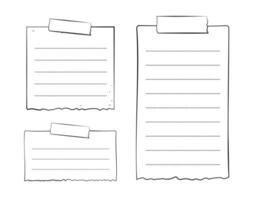 Hand drawn torn memo paper sheet, sticky note, reminder, to do list, sticky tape. Bullet journal elements in line art doodle style. vector
