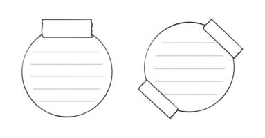 Hand drawn round memo paper sheet set, sticky note, reminder, to do list, sticky tape. Bullet journal elements in line art doodle style. vector
