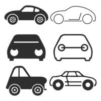 A monochrome illustration of six car icons in different styles and angles vector