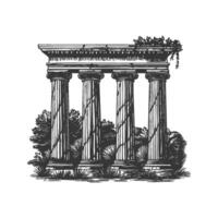 Ancient Greek Columns With Foliage Black And White Silhouette Illustration. Classical Architecture And Nature Harmony Isolated Illustration vector