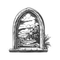 Gothic Window With Scenic Landscape View Black And White Silhouette Illustration. Medieval Architecture And Nature Harmony Isolated Illustration vector