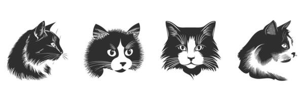 Cat Portraits Silhouette Set. Feline Expressions And Profiles In Black And White Isolated Illustration Collection vector
