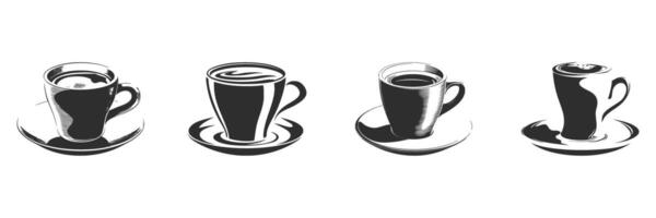 Coffee Cups Silhouette Set. Variety Of Coffee Mugs On Saucers In Artistic Style. Isolated Illustration Collection vector