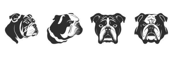 Bulldog Head Illustrations Silhouette Set. Expressive Canine Faces In Various Angles Isolated Illustration Collection vector