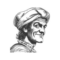 Smirking Man In Renaissance Attire Black And White Silhouette Illustration. Historical Character With Playful Expression Isolated Illustration vector