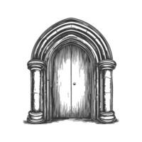 Gothic Arched Doorway With Columns Black And White Silhouette Illustration. Medieval Architecture And Historical Design. Isolated Illustration vector