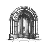 Gothic Arched Doorway With Columns Black And White Silhouette Illustration. Architectural Elegance And Historical Design. Isolated Illustration vector
