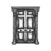 Ornate Double Door With Corinthian Columns Black And White Silhouette Illustration. Symbolizes Elegance And Classical Architecture. Isolated Illustration vector