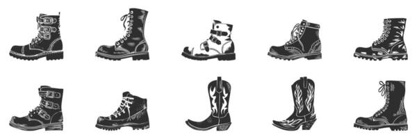 Silhouette Collection Of Various Boot Styles. Fashion And Footwear Design Elements Isolated Illustration Set vector