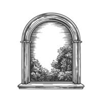 Arched Window With Garden View Black And White Silhouette Illustration. Symbolizes Tranquility And Nature Connection. Isolated Illustration vector