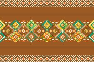 Native border pattern with diamond motifs on brown background. Green orange and yellow geometric designs create warm ethnic borders perfect for wooden home interiors and rustic decor. vector