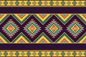 Bold Aztec pattern with diamond motifs in turquoise, coral pink and gold on deep purple background. Features geometric shapes in horizontal bands, perfect for energetic home decor and textile design. vector