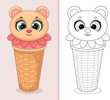 Cute bear shaped ice cream in a waffle cone illustration and coloring page vector