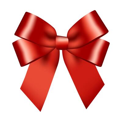 Decorative red ribbon bow element. Isolated mockup for Christmas, New year, Birthday, Wedding, Valentine's, Holiday or Event decoration.