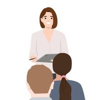 Teacher holds a tablet and stylus while attentively interacting with her students during a lesson. vector